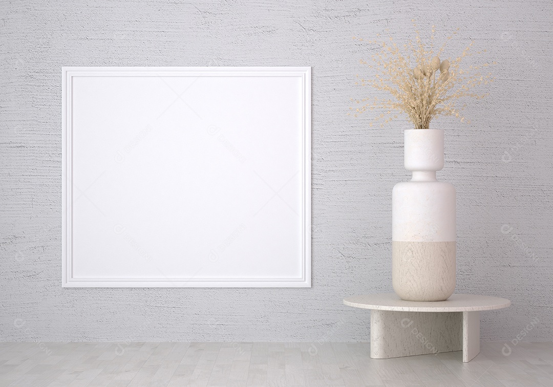 Placa grande de maquete de ilustração 3D com moldura na sala de jantar com cozinha em casa, cores pastel interiores de estilo escandinavo