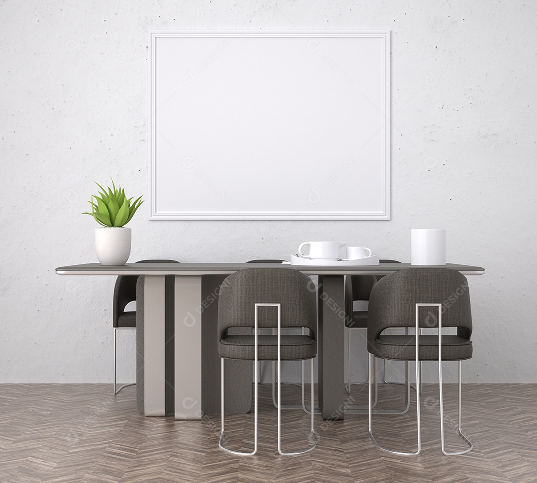 Placa grande de maquete de ilustração 3D com moldura na sala de jantar em casa ou restaurante, cores pastel interiores de estilo escandinavo