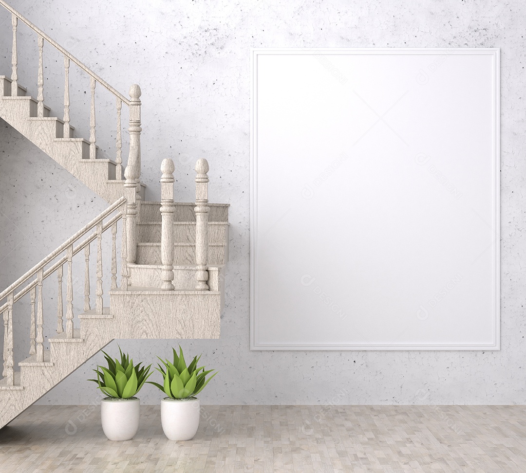 Placa grande de maquete de ilustração 3D com moldura na sala de jantar em casa ou restaurante, cores pastel interiores de estilo escandinavo