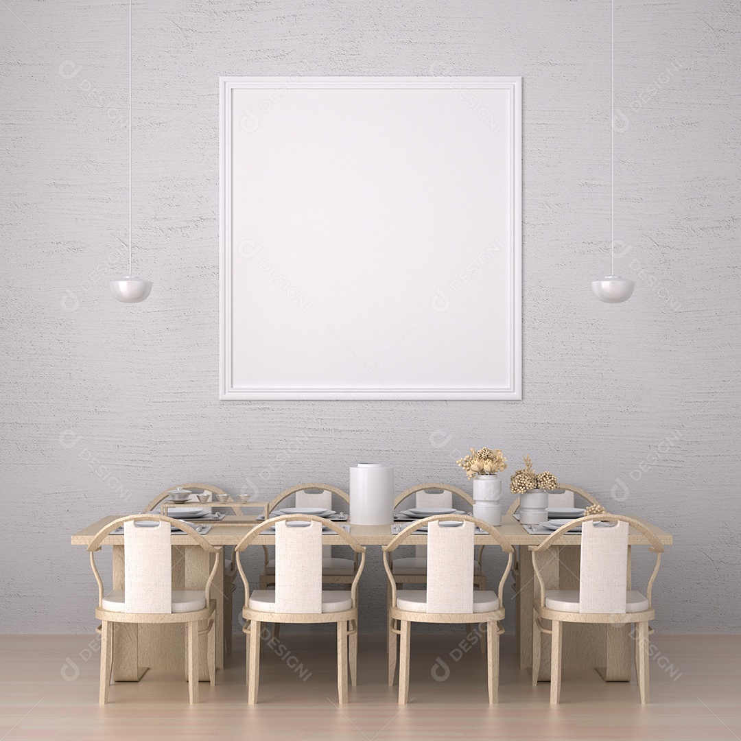 Placa grande de maquete de ilustração 3D com moldura na sala de jantar em casa ou restaurante, cores pastel interiores de estilo escandinavo