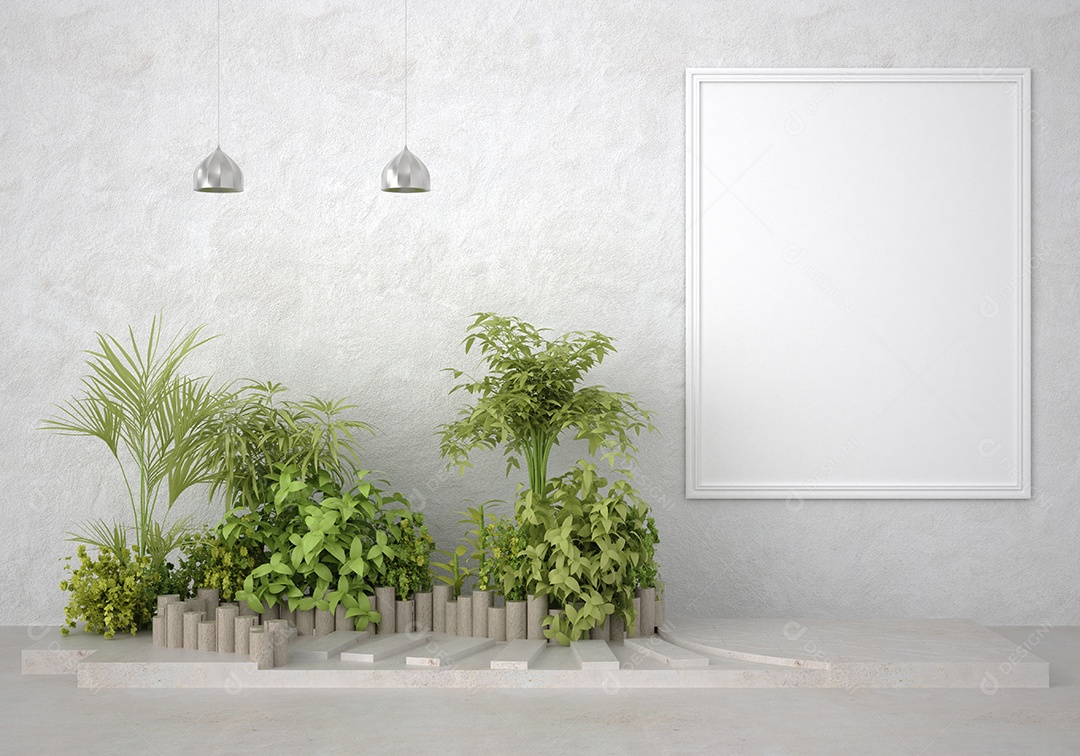 Molduras para fotos de maquete de ilustração 3D na bela parede da sala de estar com pote plat, decorado com interior de estilo escandinavo e renderização natural