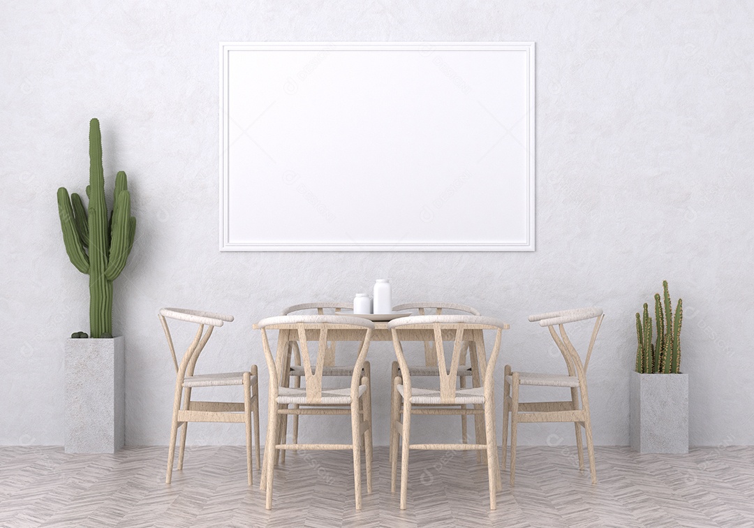 Placa grande de maquete de ilustração 3D com moldura na sala de jantar em casa ou restaurante, cores pastel interiores de estilo escandinavo