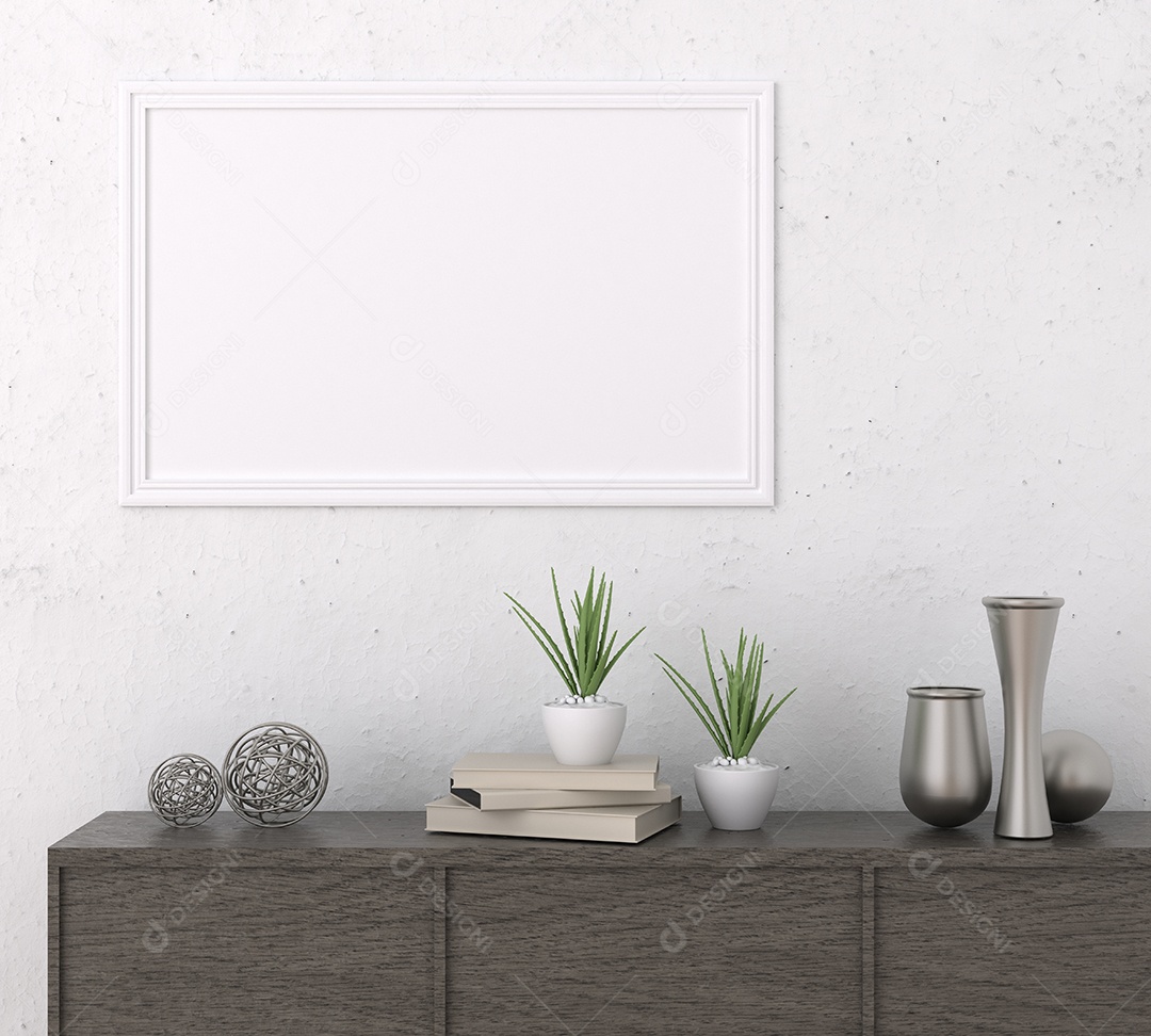 Molduras para fotos de maquete de ilustração 3D na bela parede da sala de estar com pote plat, decorado com interior de estilo escandinavo e renderização natural