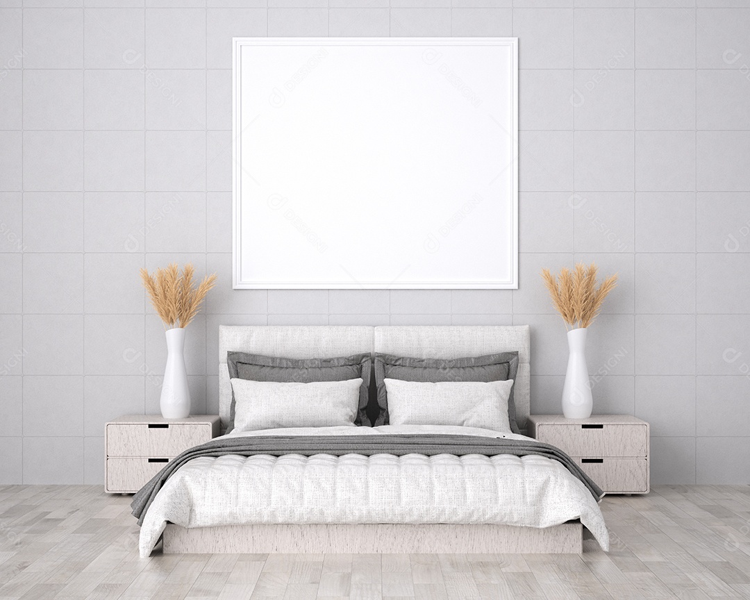 Ilustração 3D Mock up poster frame no interior do quarto, Decorado com móveis bonitos e confortáveis, Renderização