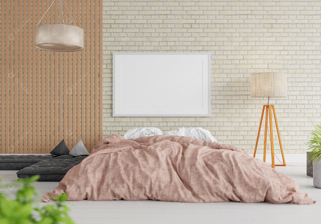 Ilustração 3D Mock up poster frame no interior do quarto, Decorado com móveis bonitos e confortáveis, Renderização