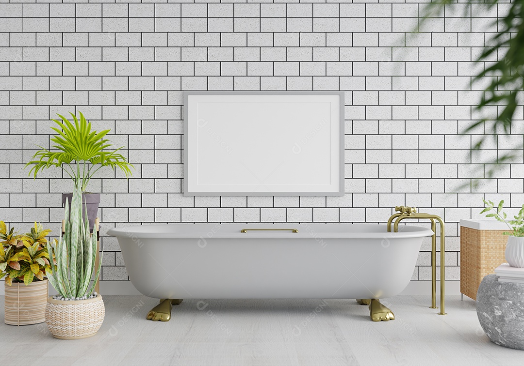 Moldura de foto de maquete de ilustração 3D na bela parede sobre banheira no banheiro com chuveiro, decorado com equipamento confortável