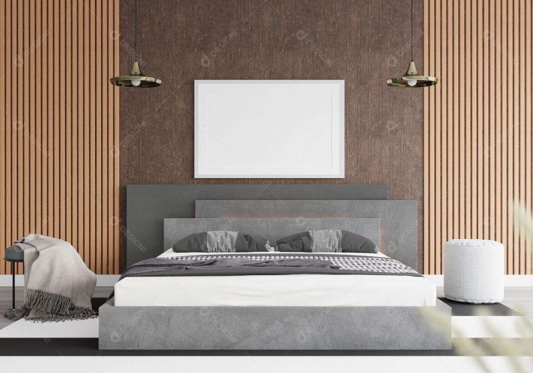Ilustração 3D Mock up poster frame no interior do quarto, Decorado com móveis bonitos e confortáveis, Renderização