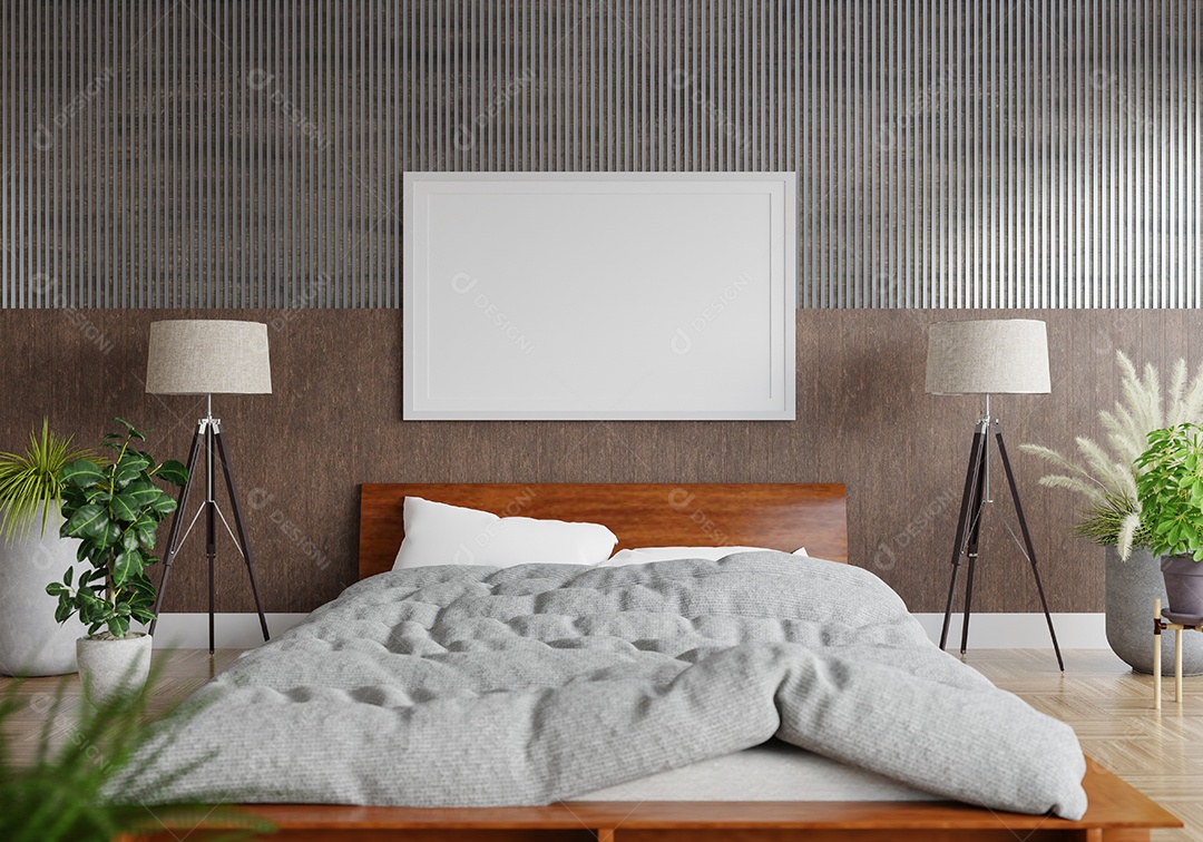 Ilustração 3D Mock up poster frame no interior do quarto, Decorado com móveis bonitos e confortáveis, Renderização