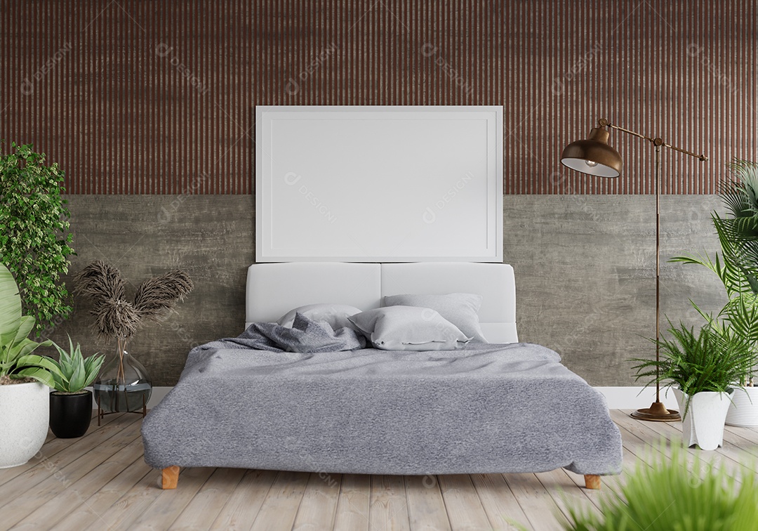 Ilustração 3D Mock up poster frame no interior do quarto, Decorado com móveis bonitos e confortáveis, Renderização