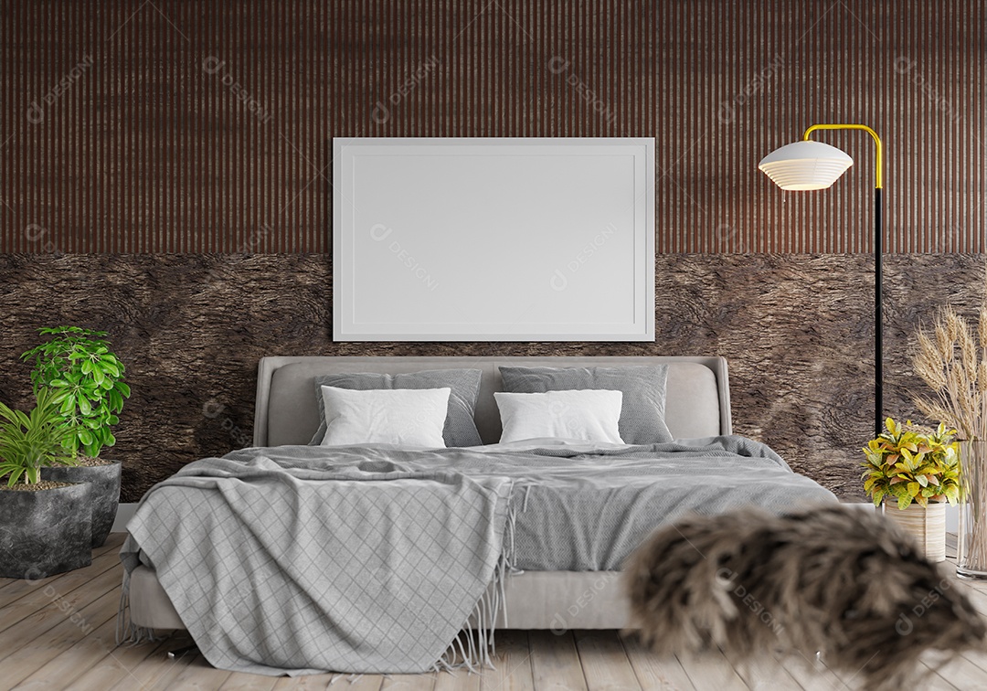 Ilustração 3D Mock up poster frame no interior do quarto, Decorado com móveis bonitos e confortáveis, Renderização