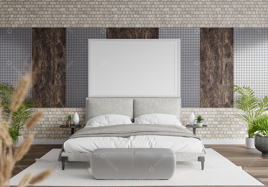 Ilustração 3D Mock up poster frame no interior do quarto, Decorado com móveis bonitos e confortáveis, Renderização