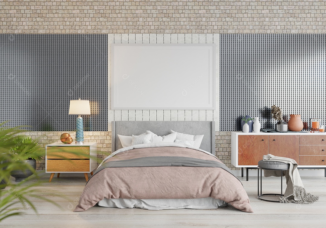 Ilustração 3D Mock up poster frame no interior do quarto, Decorado com móveis bonitos e confortáveis, Renderização