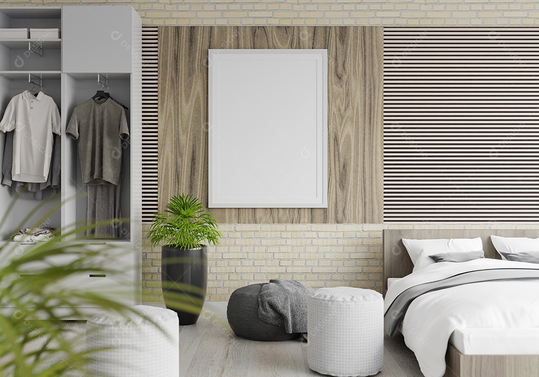 Ilustração 3D Mock up poster frame no interior do quarto, Decorado com móveis bonitos e confortáveis, Renderização