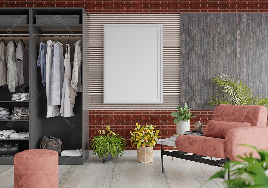 Molduras para fotos de maquete de ilustração 3D no camarim ou canto de vestir com guarda-roupa em casa, interior de estilo escandinavo