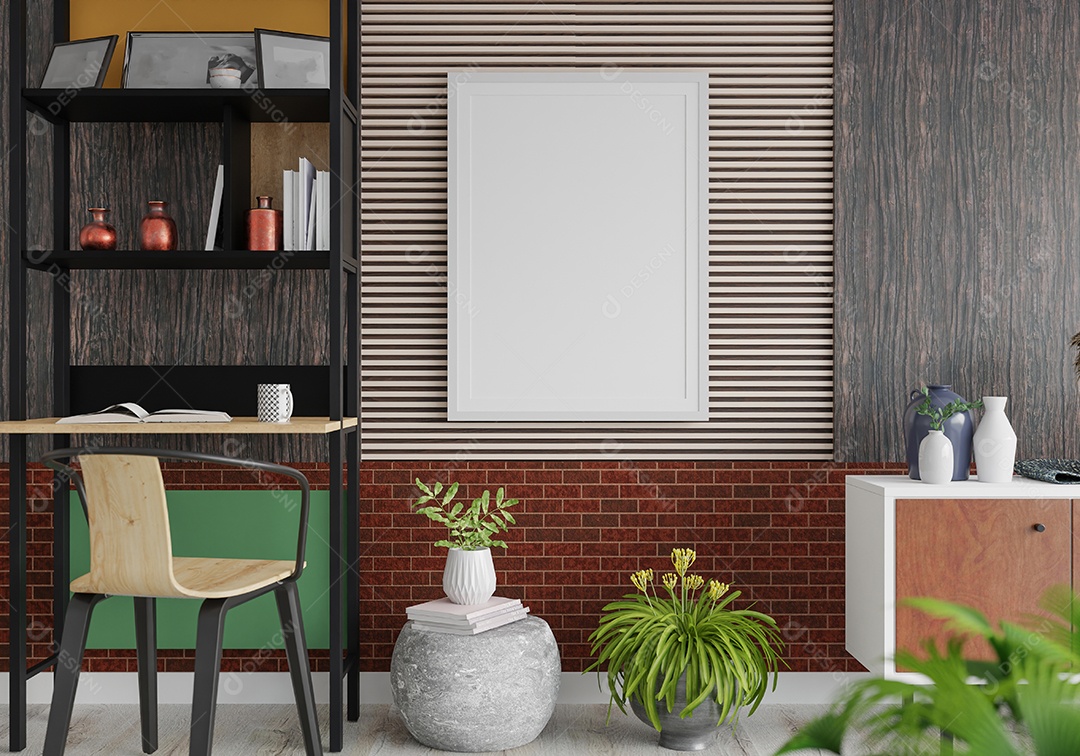 Placa em branco de maquete de ilustração 3D com moldura na parede na área de trabalho em casa, estante e cadeira com planta de casa perto da pia, renderização