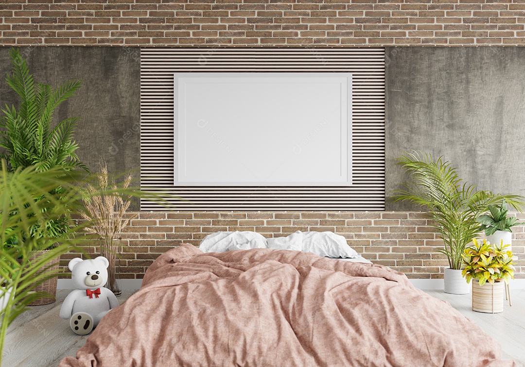 Ilustração 3D Mock up poster frame no interior do quarto, Decorado com móveis bonitos e confortáveis, Renderização
