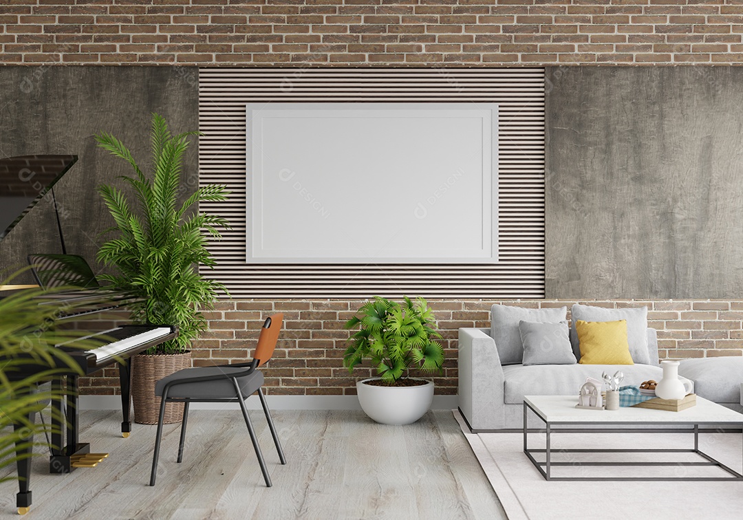 Molduras para fotos de maquete de ilustração 3D na parede da sala de estar, interior de estilo escandinavo com móveis aconchegantes