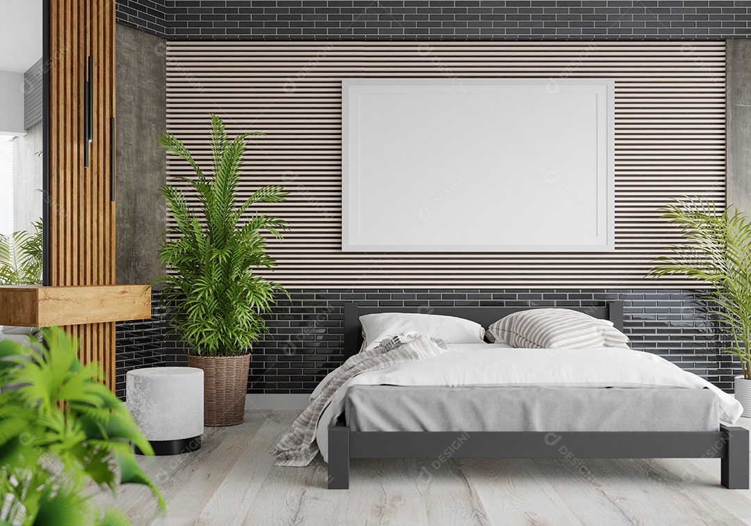 Ilustração 3D Mock up poster frame no interior do quarto, Decorado com móveis bonitos e confortáveis, Renderização