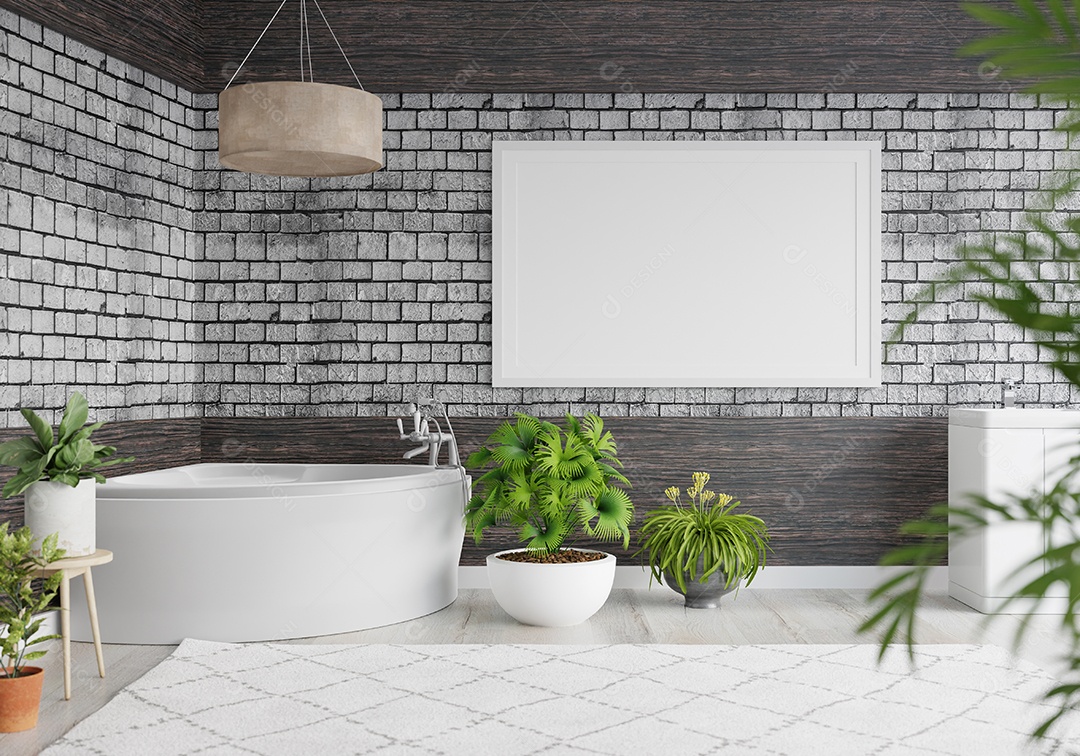 Molduras para fotos de maquete de ilustração 3D na parede de madeira sobre a banheira de hidromassagem