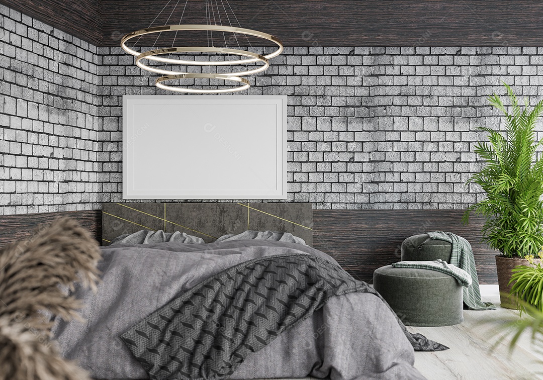 Ilustração 3D Mock up poster frame no interior do quarto, Decorado com móveis bonitos e confortáveis, Renderização