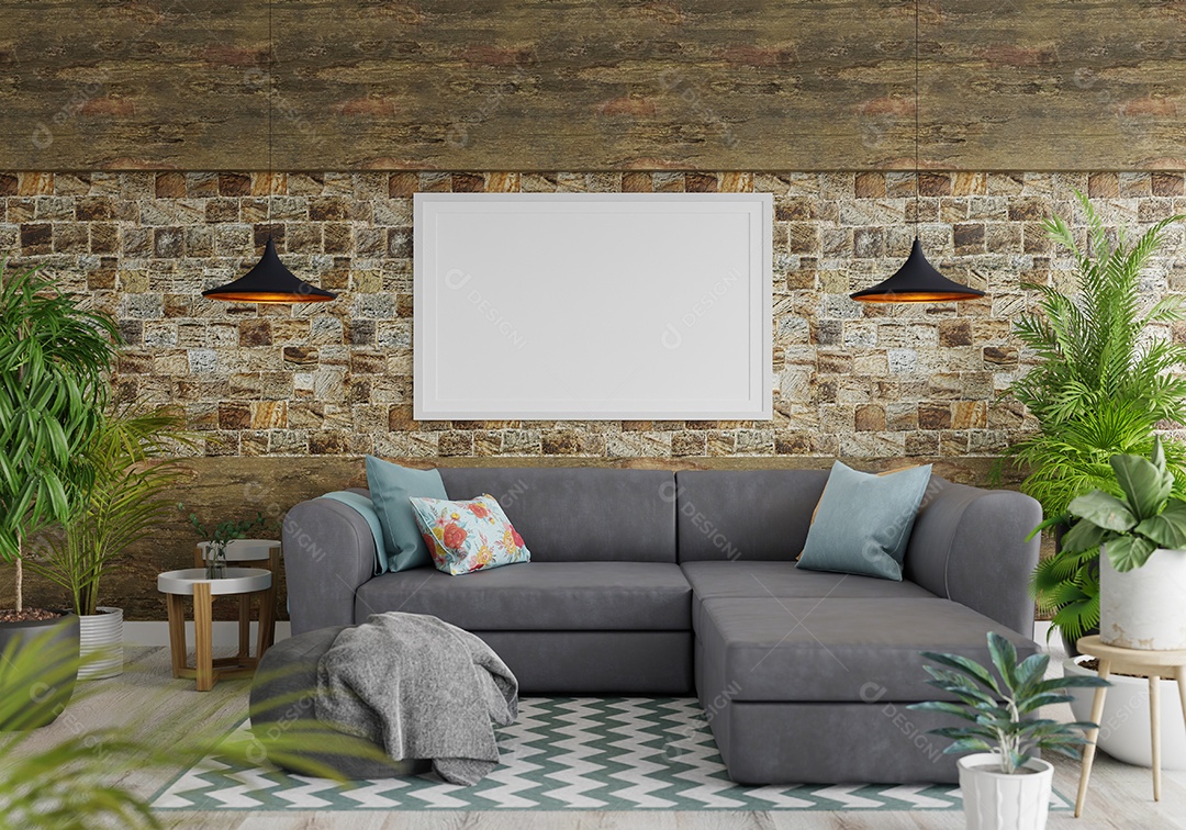 Molduras para fotos de maquete de ilustração 3D na parede da sala de estar, interior de estilo escandinavo com móveis aconchegantes