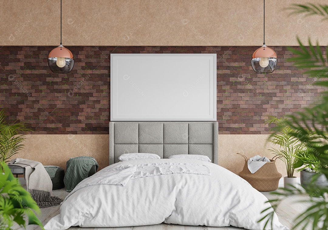 Ilustração 3D Mock up poster frame no interior do quarto, Decorado com móveis bonitos e confortáveis, Renderização