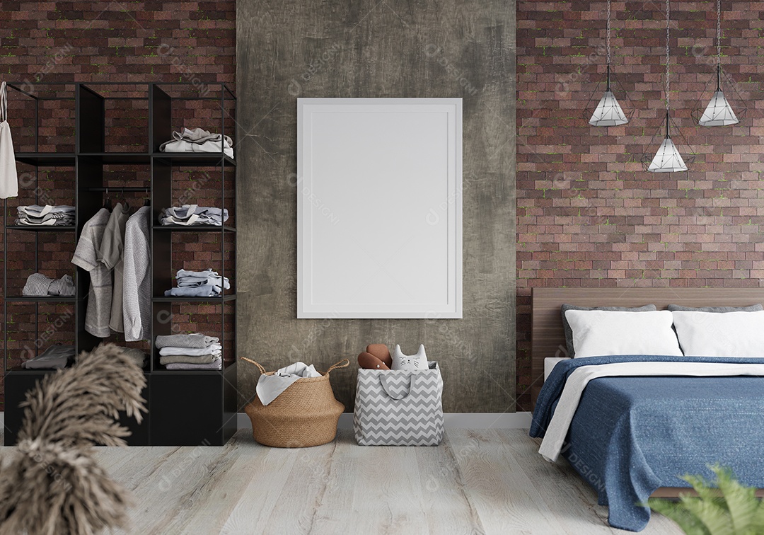 Ilustração 3D Mock up poster frame no interior do quarto, Decorado com móveis bonitos e confortáveis, Renderização