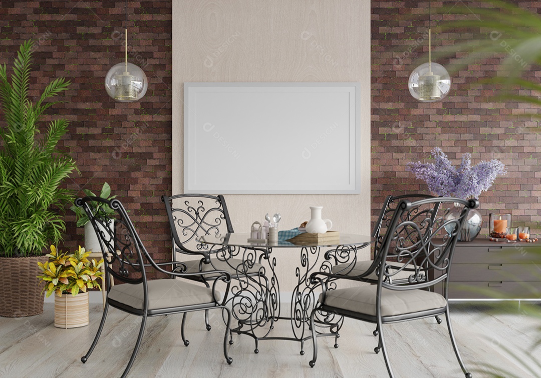 Placa em branco de maquete de ilustração 3D com moldura na parede da sala de jantar, interior de estilo escandinavo com móveis aconchegantes