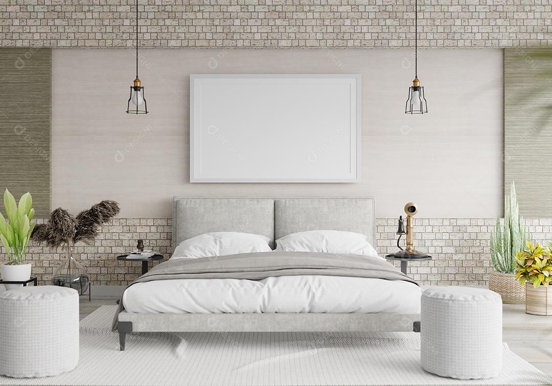 Ilustração 3D Mock up poster frame no interior do quarto, Decorado com móveis bonitos e confortáveis, Renderização