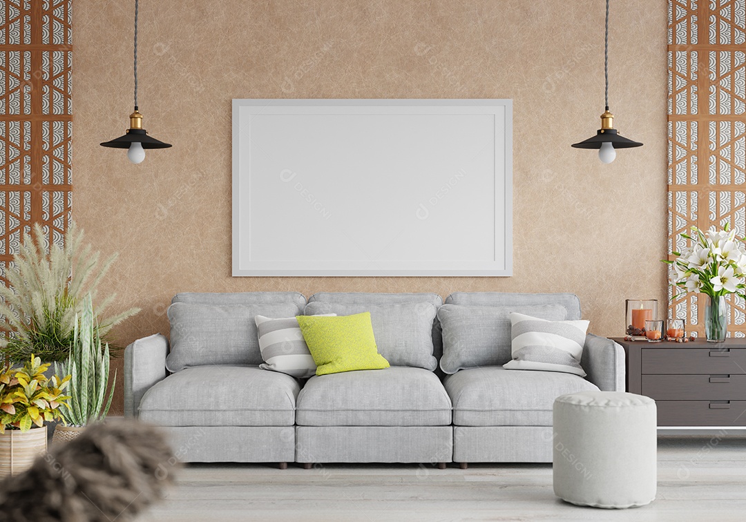 Molduras para fotos de maquete de ilustração 3D na parede da sala de estar, interior de estilo escandinavo com móveis aconchegantes