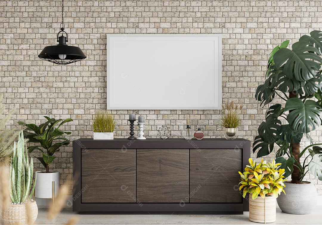 Molduras para fotos de maquete de ilustração 3D na bela parede sobre o armário, flores em vaso e suporte de vela em cima, decorado