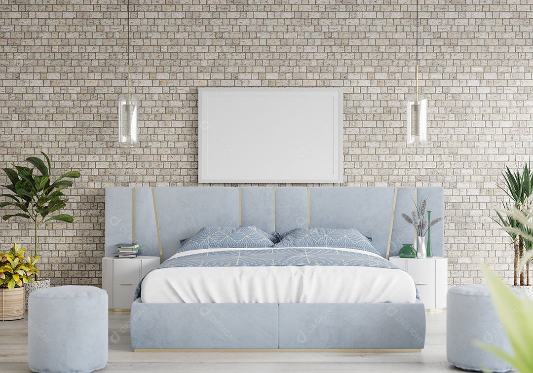 Ilustração 3D Mock up poster frame no interior do quarto, Decorado com móveis bonitos e confortáveis, Renderização