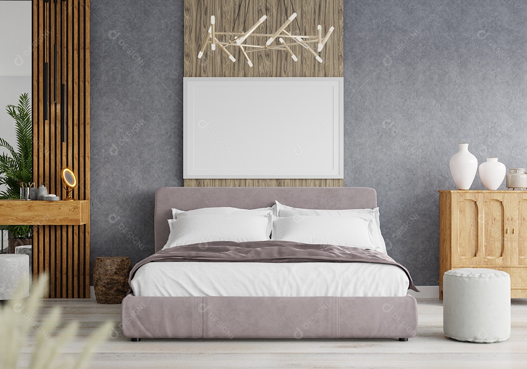 Ilustração 3D Mock up poster frame no interior do quarto, Decorado com móveis bonitos e confortáveis, Renderização