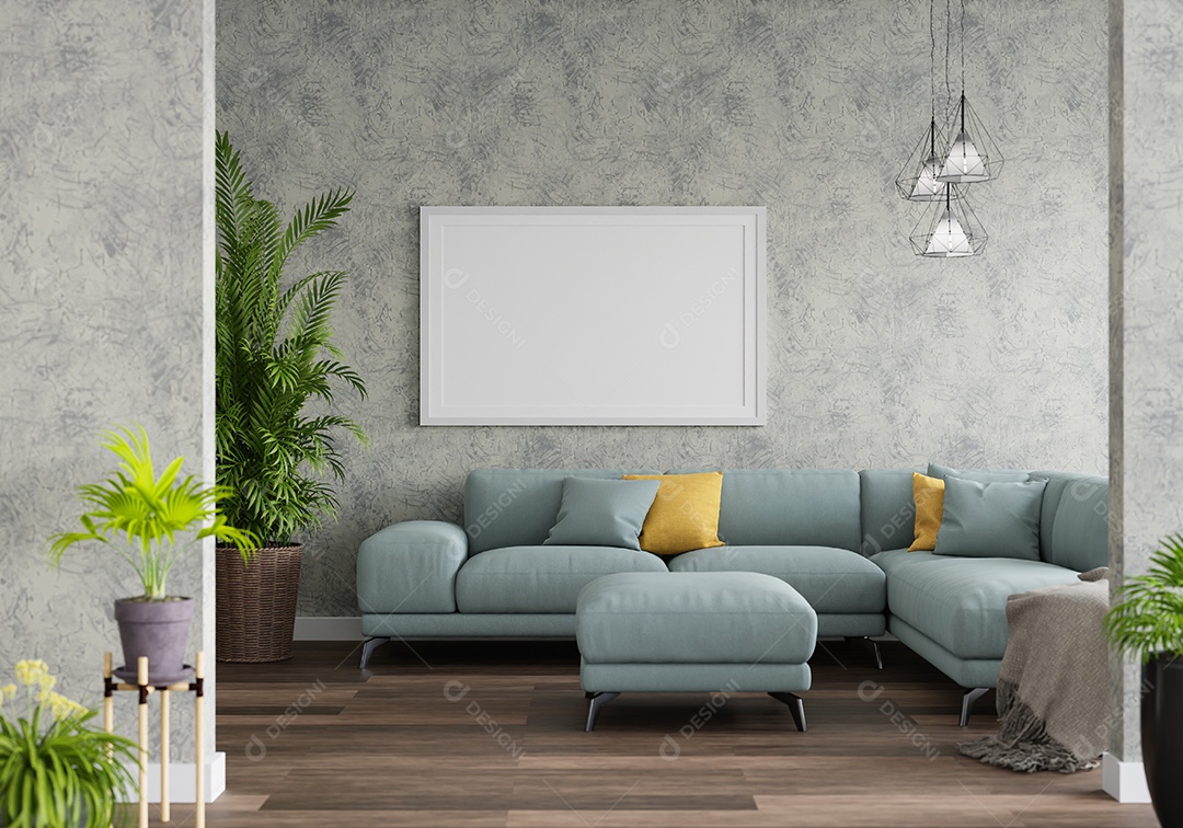 Molduras para fotos de maquete de ilustração 3D na parede da sala de estar, interior de estilo escandinavo com móveis aconchegantes