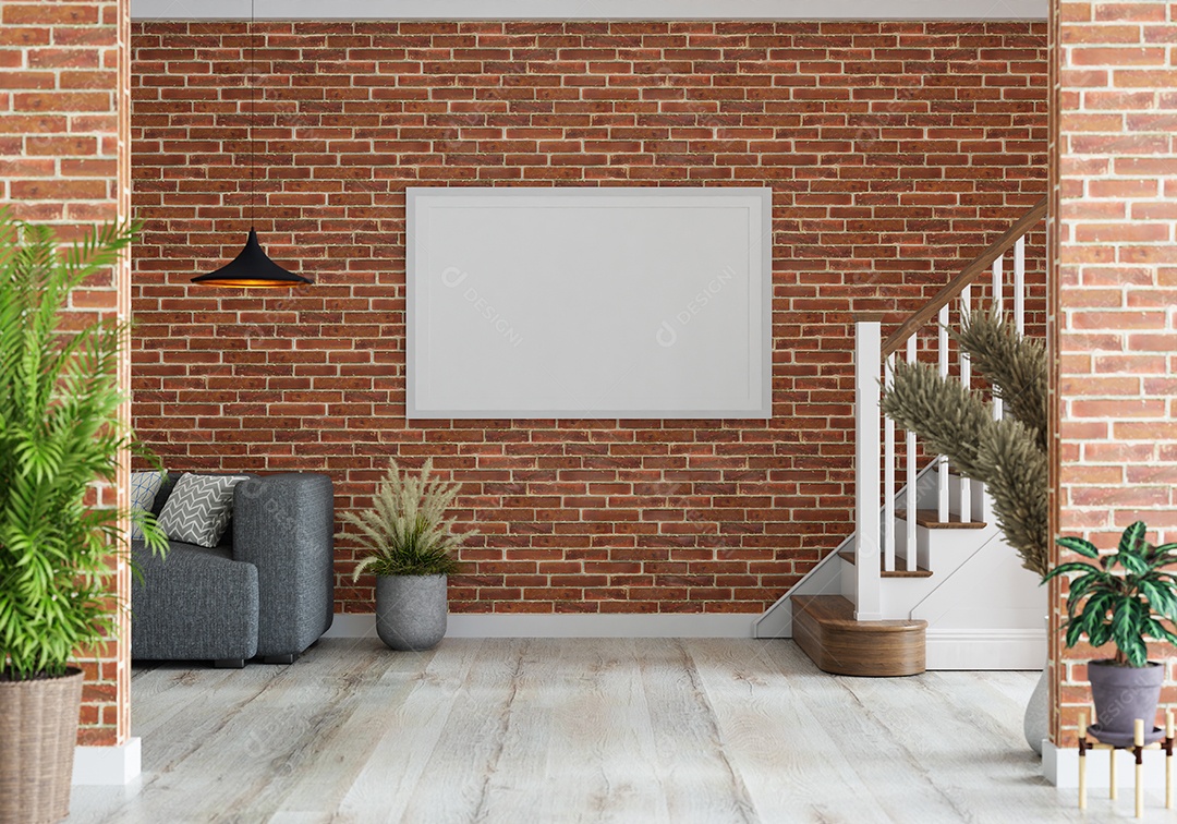 Molduras para fotos de maquete de ilustração 3D na parede de tijolos na sala de estar, interior de estilo escandinavo com móveis aconchegantes