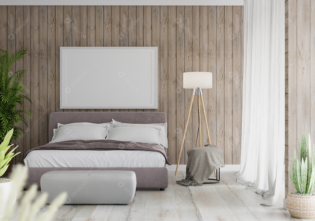 Ilustração 3D Mock up poster frame no interior do quarto, Decorado com móveis bonitos e confortáveis, Renderização