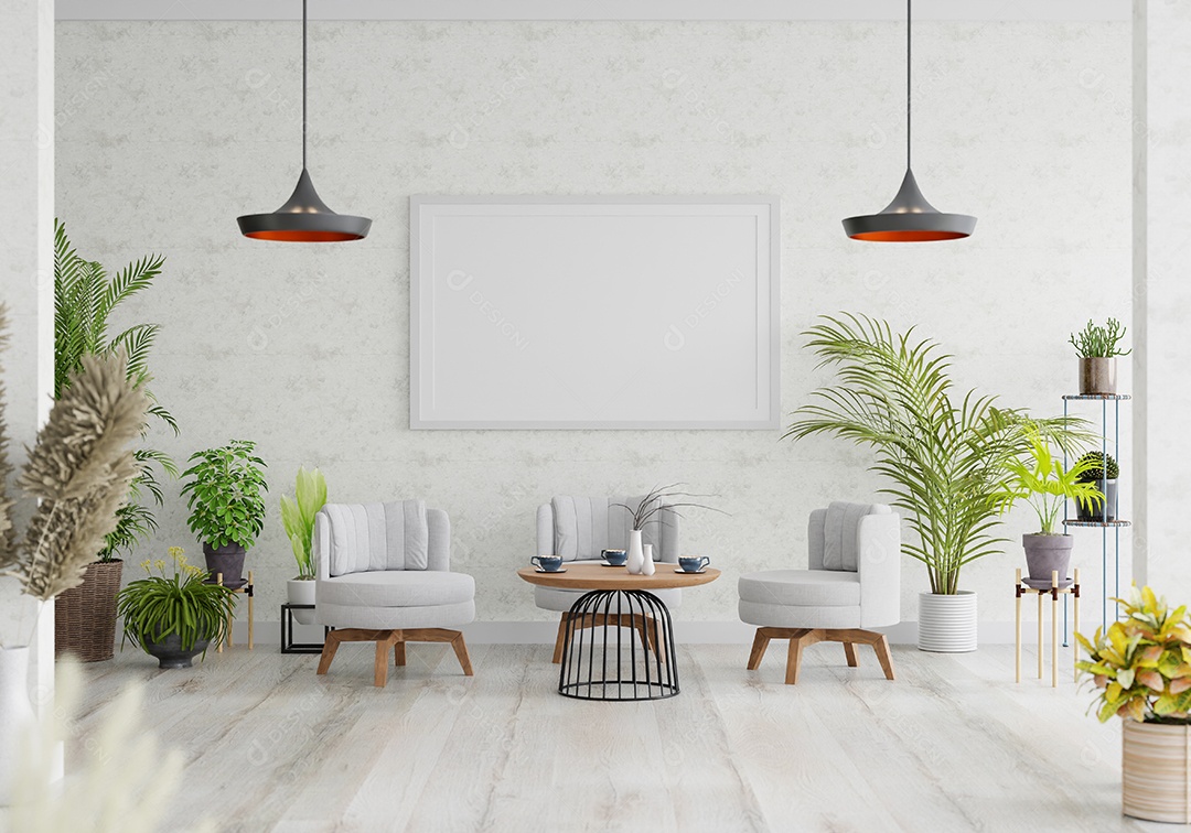 Molduras para fotos de maquete de ilustração 3D na parede da sala de estar, interior de estilo escandinavo com móveis aconchegantes e planta de casa