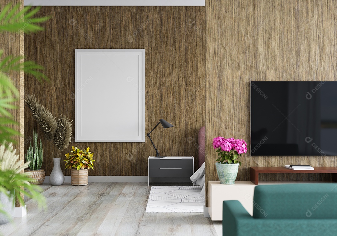 Molduras para fotos de maquete de ilustração 3D na parede da sala de estar, interior de estilo escandinavo com móveis aconchegantes e planta de casa