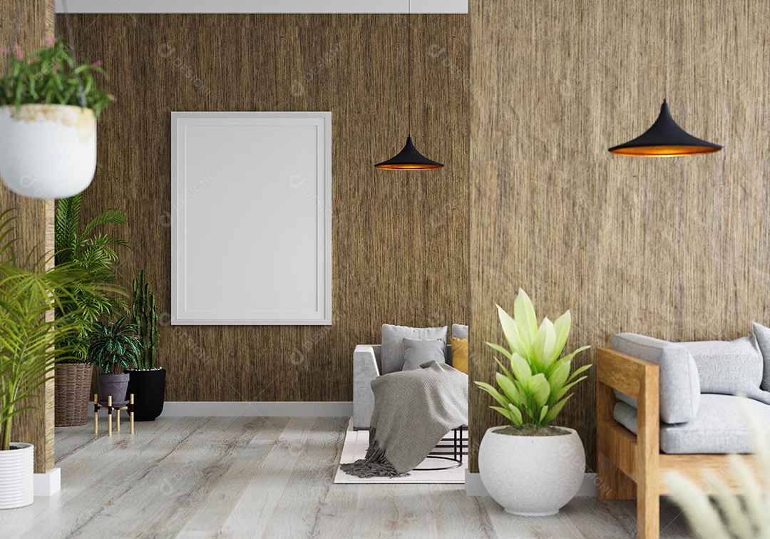 Molduras para fotos de maquete de ilustração 3D na parede da sala de estar, interior de estilo escandinavo com móveis aconchegantes e planta de casa