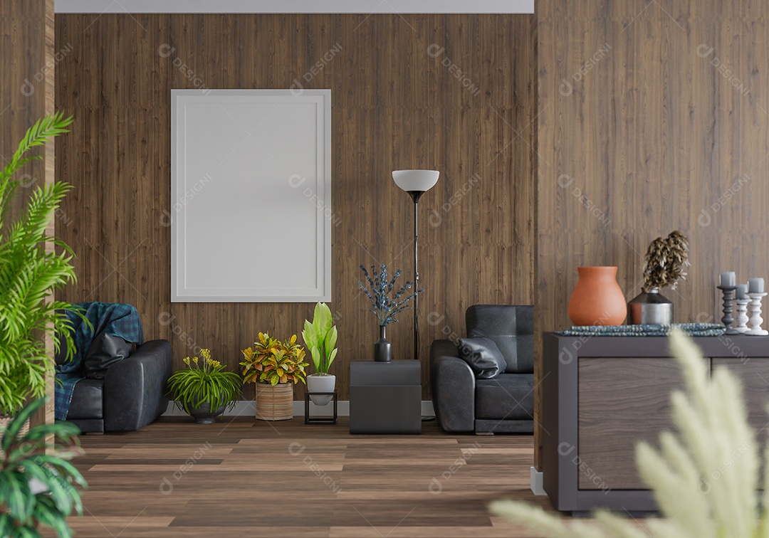 Molduras para fotos de maquete de ilustração 3D na parede da sala de estar, interior de estilo escandinavo com móveis aconchegantes e planta de casa