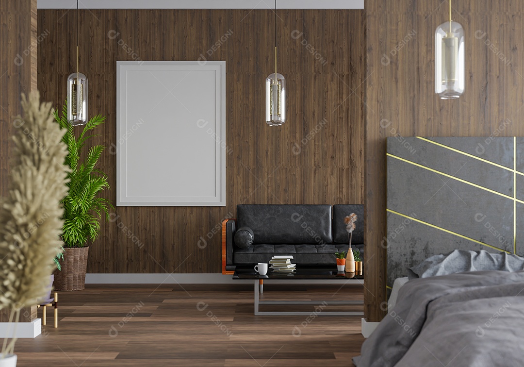 Molduras para fotos de maquete de ilustração 3D na parede da sala de estar, interior de estilo escandinavo com móveis aconchegantes e planta de casa