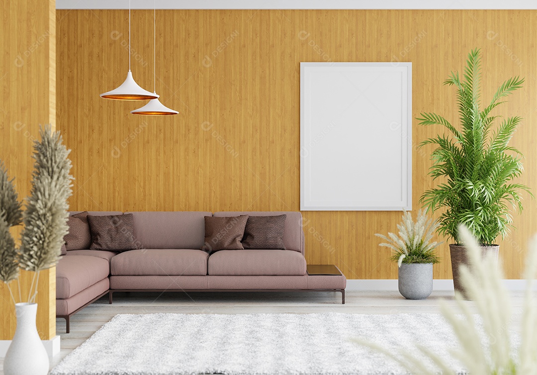 Molduras para fotos de maquete de ilustração 3D na parede da sala de estar, interior de estilo escandinavo com móveis aconchegantes e planta de casa