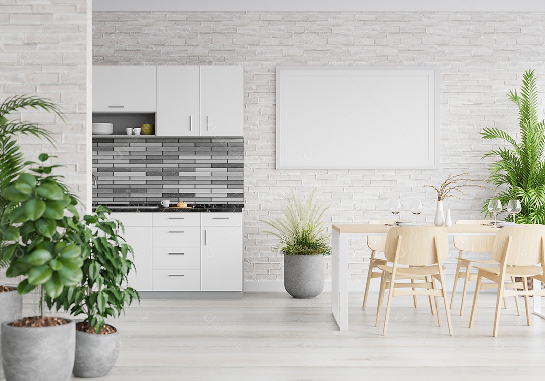 Molduras para fotos de maquete de ilustração 3D na parede da sala de estar, interior de estilo escandinavo com móveis aconchegantes e planta de casa