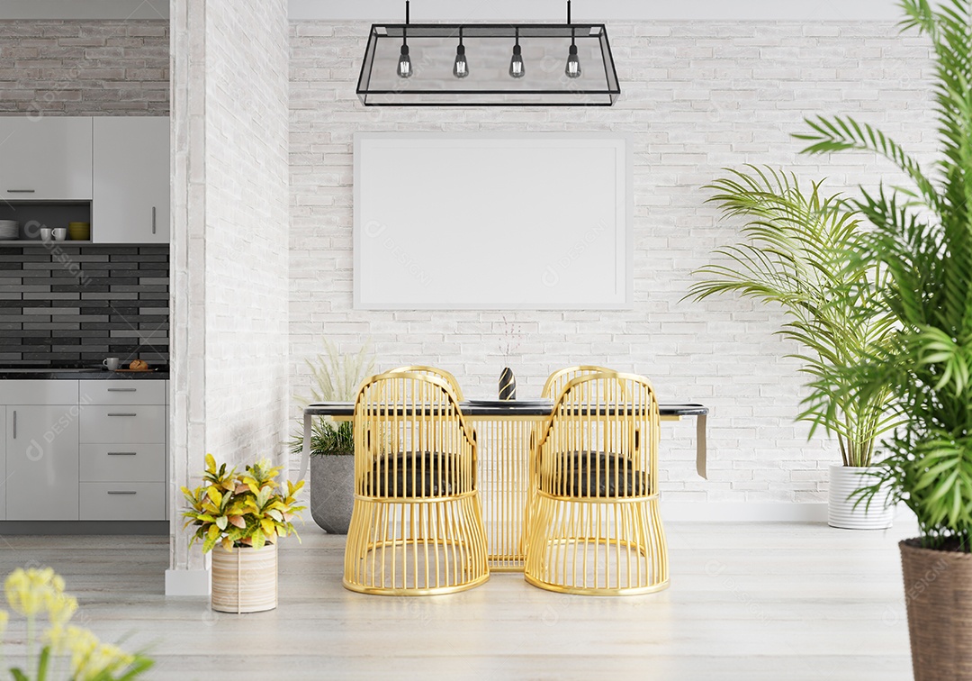 Placa grande de maquete de ilustração 3D com moldura na sala de jantar com cozinha em casa, cores pastel interiores de estilo escandinavo e decoração