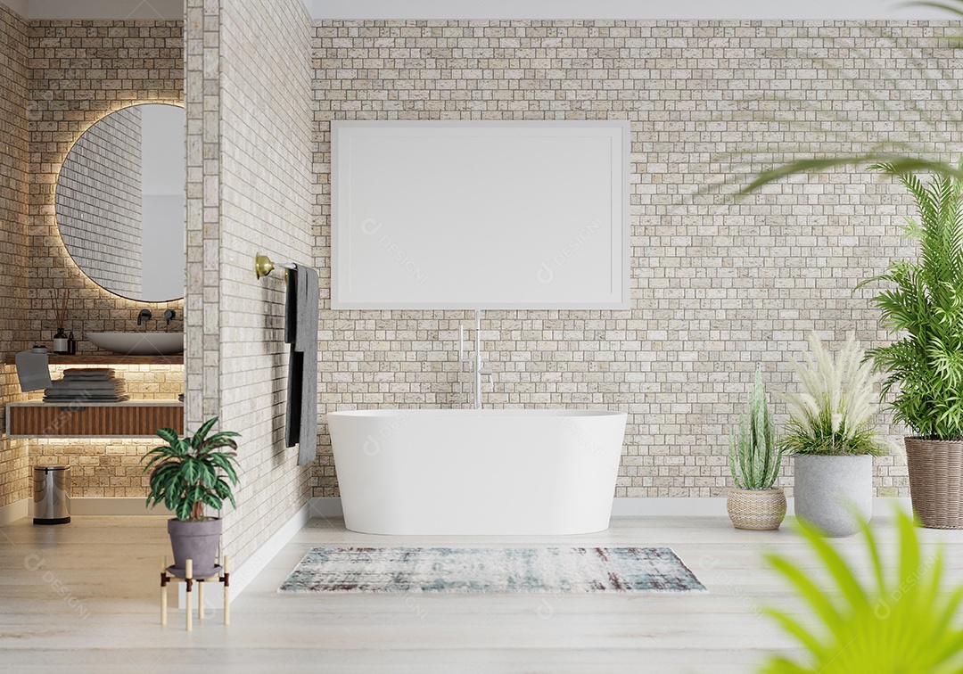 Banheiro de luxo de ilustração 3D com barhtub, moldura de foto de maquete na bela parede, decorada com equipamentos e plantas confortáveis, renderização