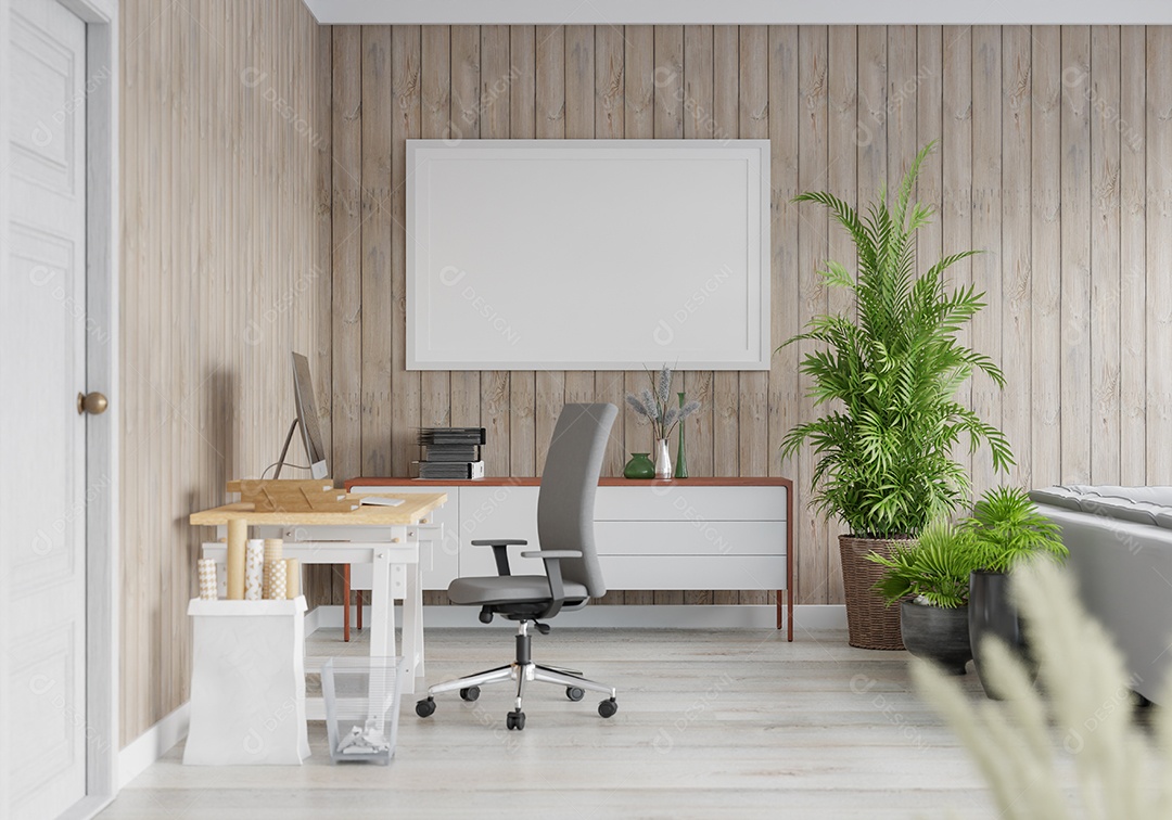 Placa em branco de maquete de ilustração 3D com moldura na parede na área de trabalho em casa, interior de estilo escandinavo