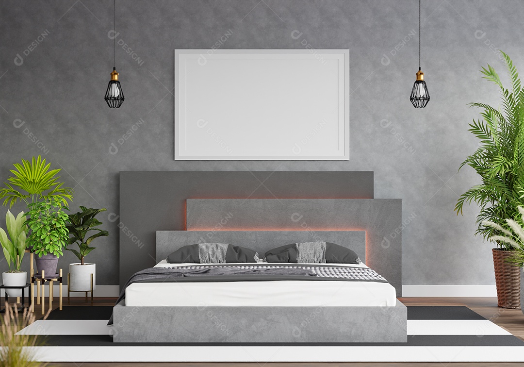 Ilustração 3D Mock up poster frame no interior do quarto, Decorado com móveis bonitos e confortáveis, Renderização