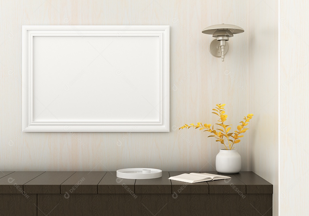 Moldura de foto de maquete de ilustração 3D na parede sobre o armário, decorada com interior de estilo escandinavo e renderização natural