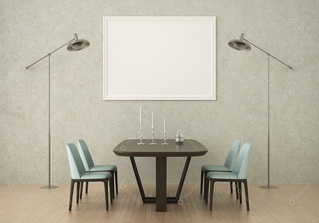 Placa grande de maquete de ilustração 3D com moldura na sala de jantar em casa ou restaurante, cores pastel interiores de estilo escandinavo