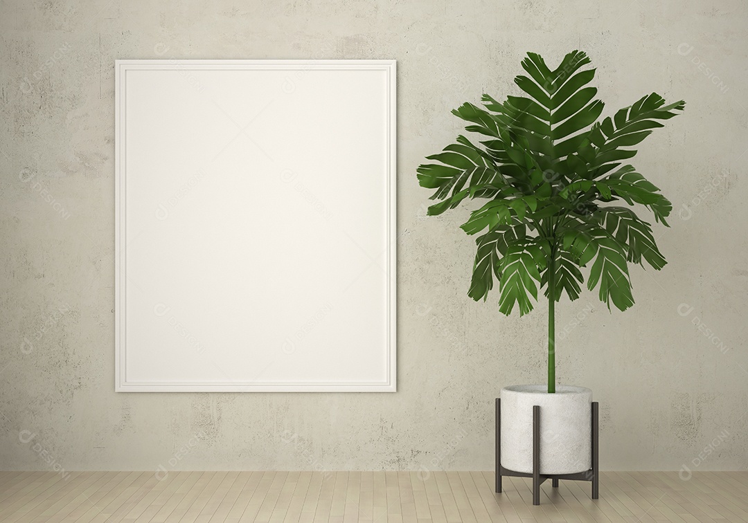 Moldura de foto de maquete de ilustração 3D na bela parede perto de planta em vaso, casa decorada com interior de estilo escandinavo e renderização natural